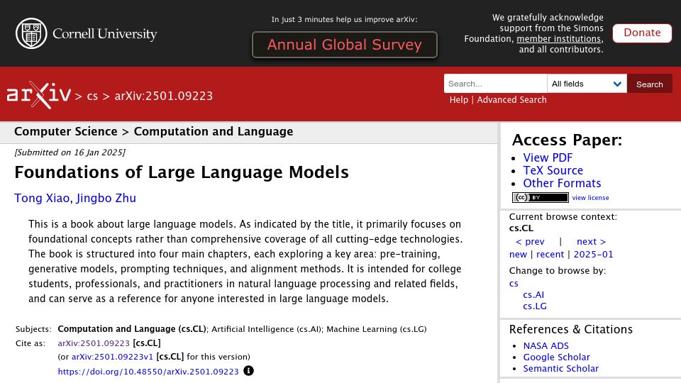 Screenshot of arxiv.org: Foundations of Large Language Models