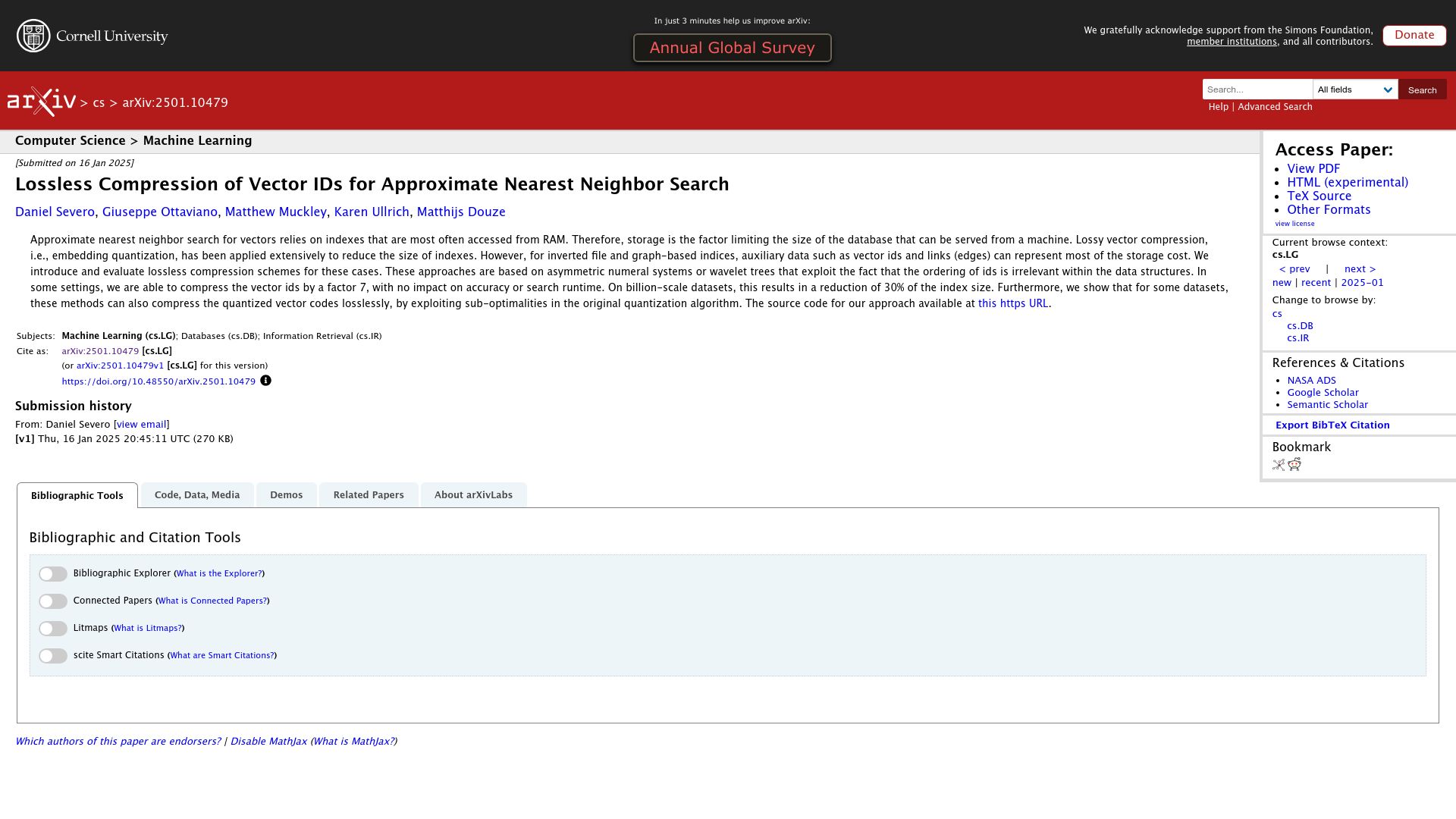 Screenshot of arxiv.org: Lossless Compression of Vector IDs for Approximate Nearest Neighbor Search
