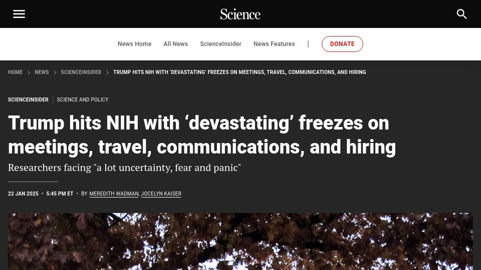 Screenshot of science.org: NIH hit with freezes on meetings, travel, communications, and hiring