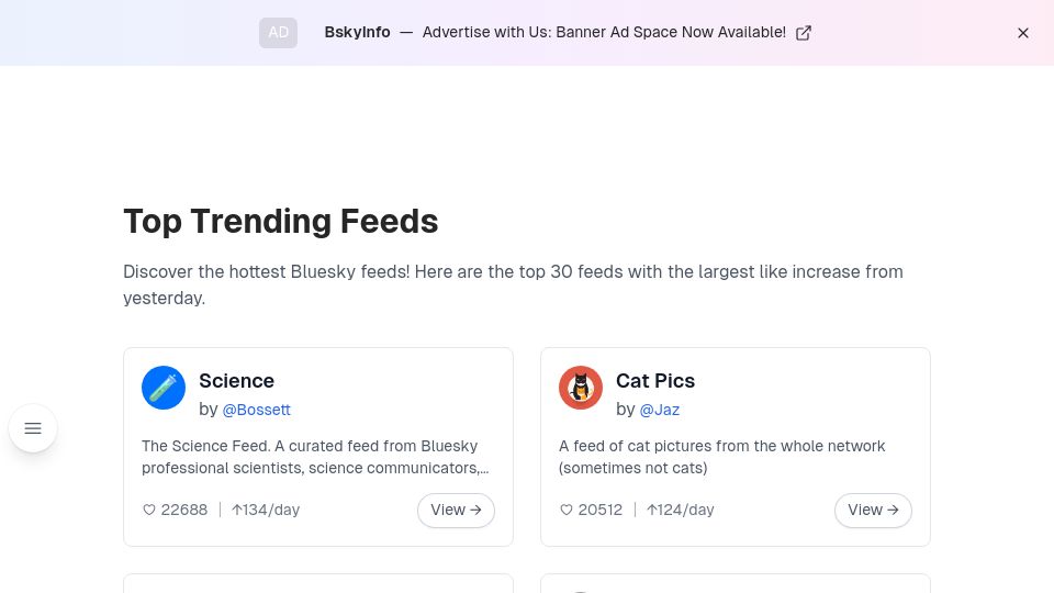 Screenshot of bskyinfo.com: Show HN: I organized Bluesky feeds by categories and growth rankings
