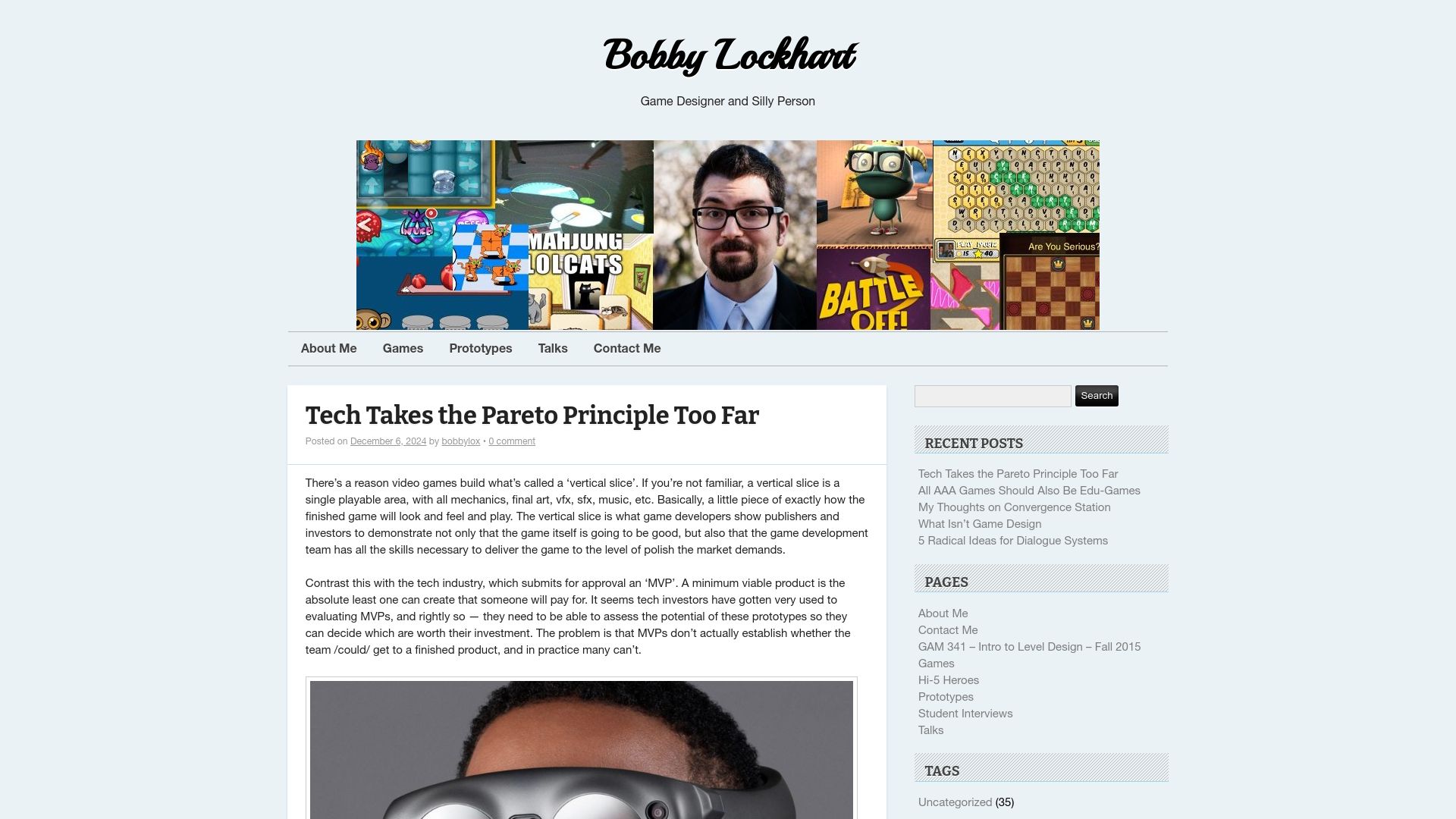 Screenshot of bobbylox.com: Tech takes the Pareto principle too far
