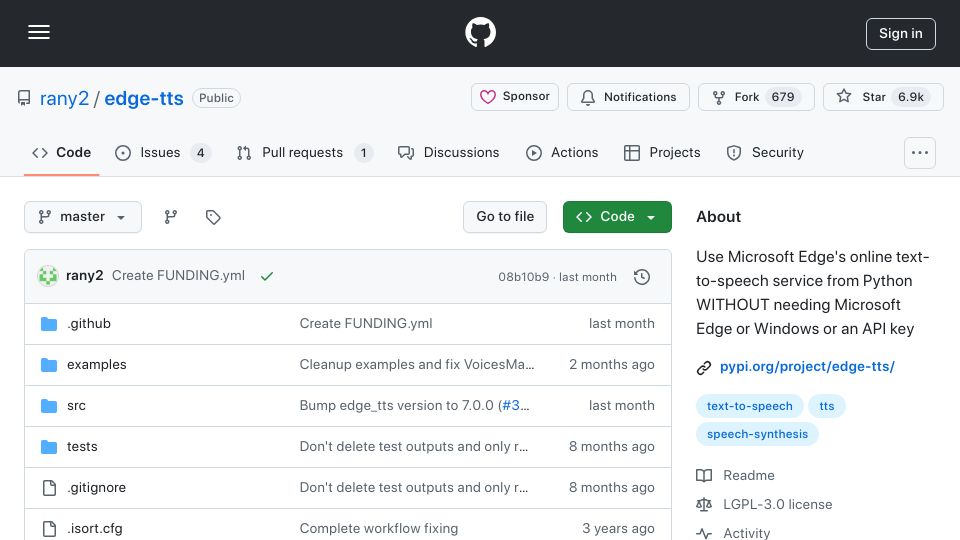 Screenshot of github.com: Edge TTS