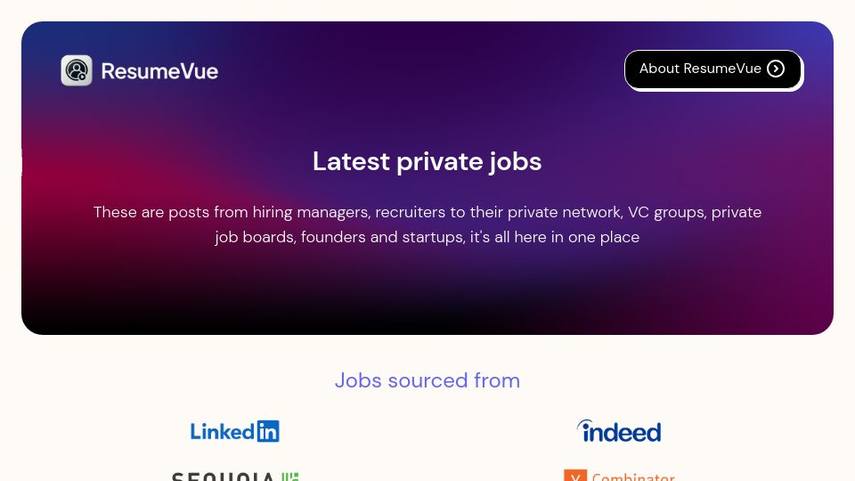 Screenshot of resumevue.com: Looking for work is a full time job