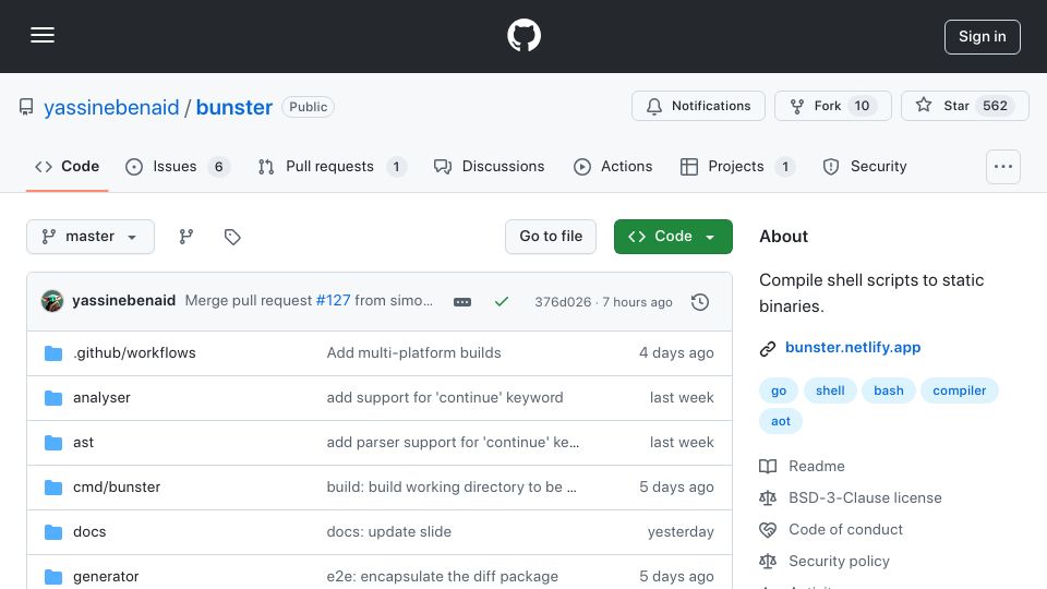 Screenshot of github.com: Bunster: Compile bash scripts to self contained executables