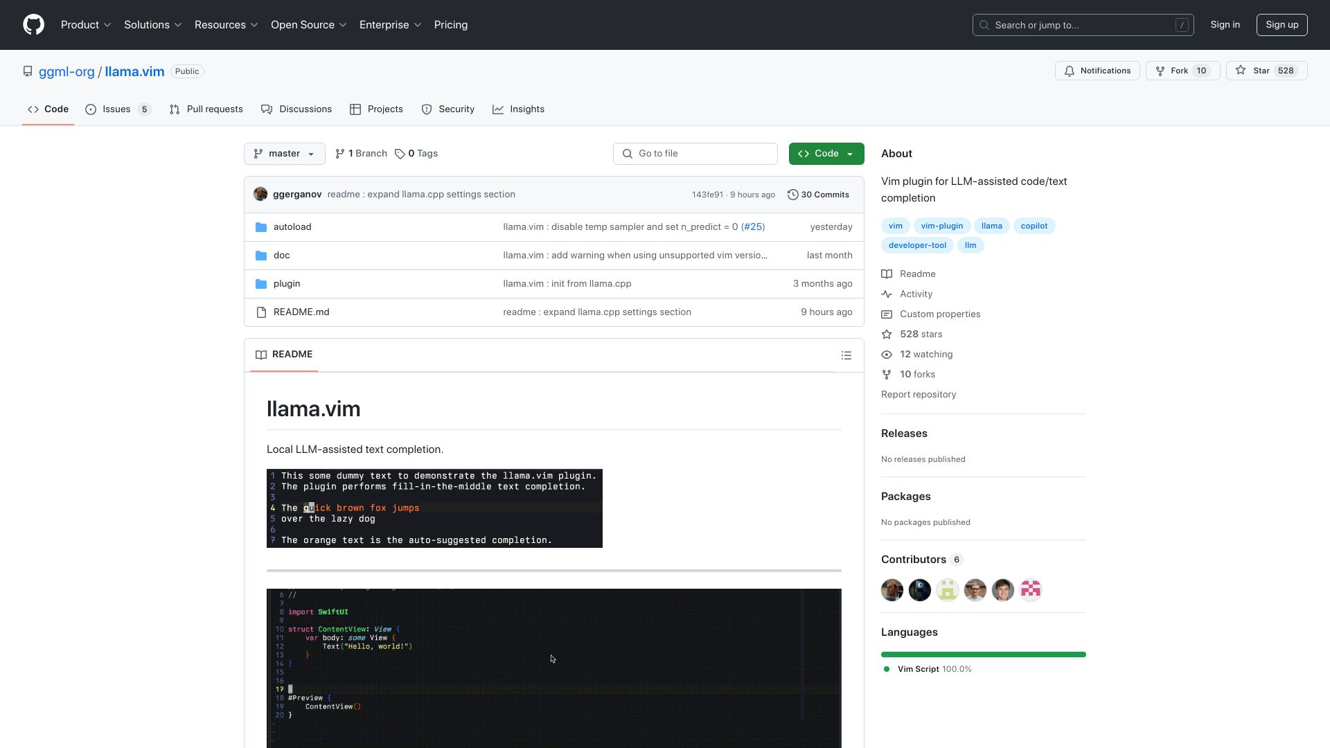 Screenshot of github.com: Llama.vim – Local LLM-assisted text completion
