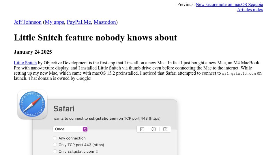 Screenshot of lapcatsoftware.com: Little Snitch feature nobody knows about