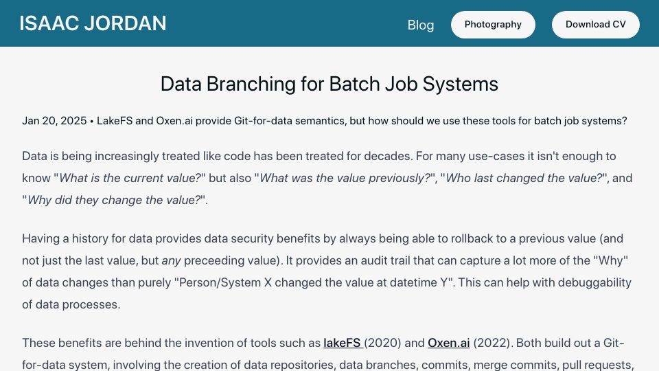 Screenshot of isaacjordan.me: Data Branching for Batch Job Systems