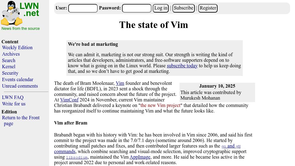 Screenshot of lwn.net: The State of Vim