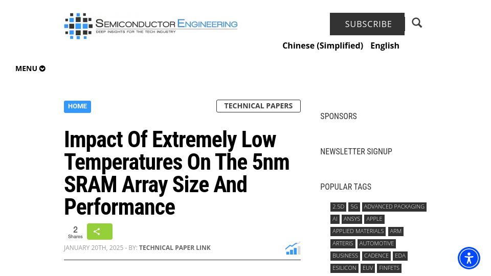 Screenshot of semiengineering.com: Impact of Low Temperatures on the 5nm SRAM Array Size and Performance