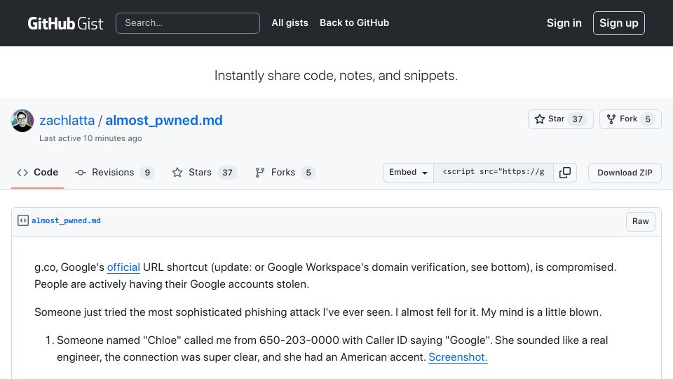 Screenshot of gist.github.com: A phishing attack involving g.co, Google's URL shortener