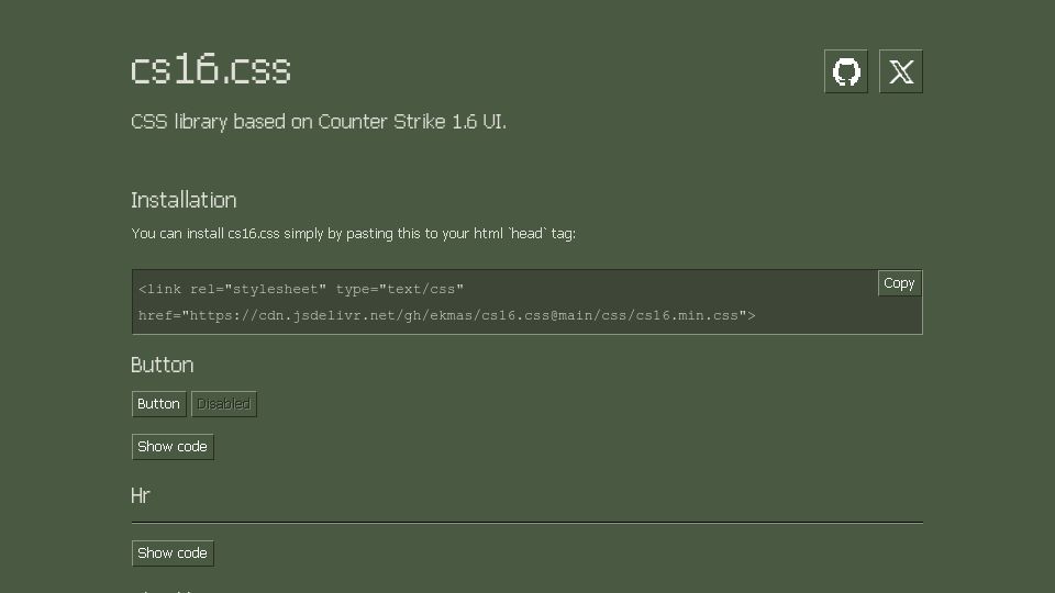 Screenshot of cs16.samke.me: Show HN: Cs16.css – CSS library based on Counter Strike 1.6 UI