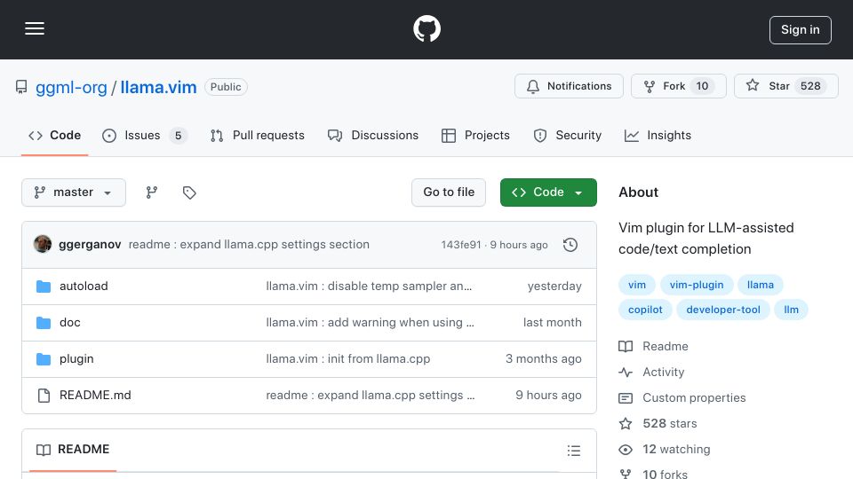 Screenshot of github.com: Llama.vim – Local LLM-assisted text completion