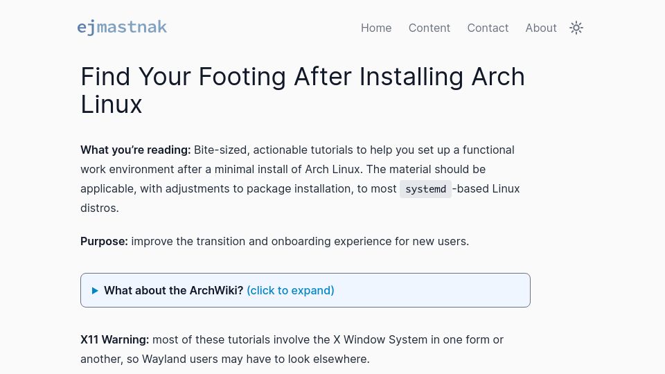 Screenshot of ejmastnak.com: Find Your Footing After Installing Arch Linux
