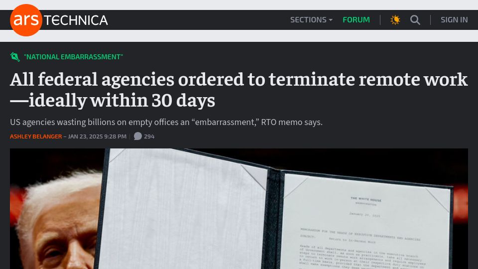 Screenshot of arstechnica.com: All federal agencies ordered to terminate remote work–ideally within 30 days