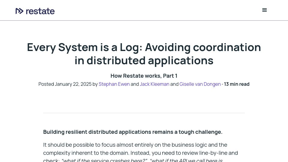 Screenshot of restate.dev: Every System is a Log: Avoiding coordination in distributed applications