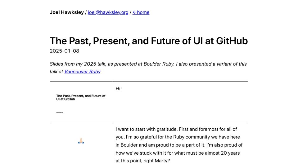 Screenshot of hawksley.org: The past, present, and future of UI at GitHub