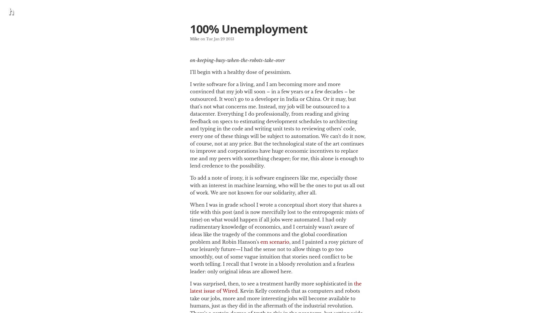 Screenshot of hyponymo.us: 100% Unemployment: on keeping busy when the robots take over (2013)