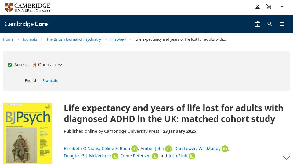 Screenshot of cambridge.org: Life expectancy/years of life lost in adults w ADHD in UK: matched cohort study