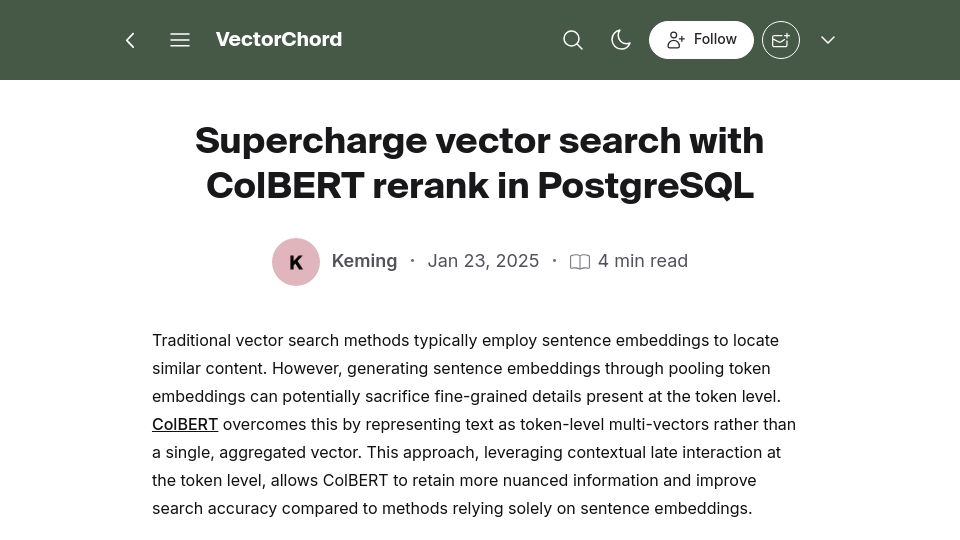 Screenshot of blog.vectorchord.ai: Supercharge vector search with ColBERT rerank in PostgreSQL