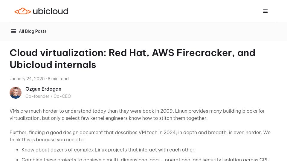 Screenshot of ubicloud.com: Cloud Virtualization: Red Hat, AWS Firecracker, and Ubicloud internals