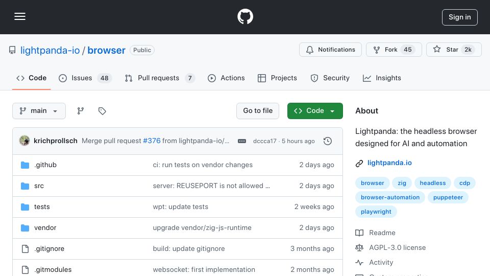 Screenshot of github.com: Lightpanda: Headless browser designed for AI and automation