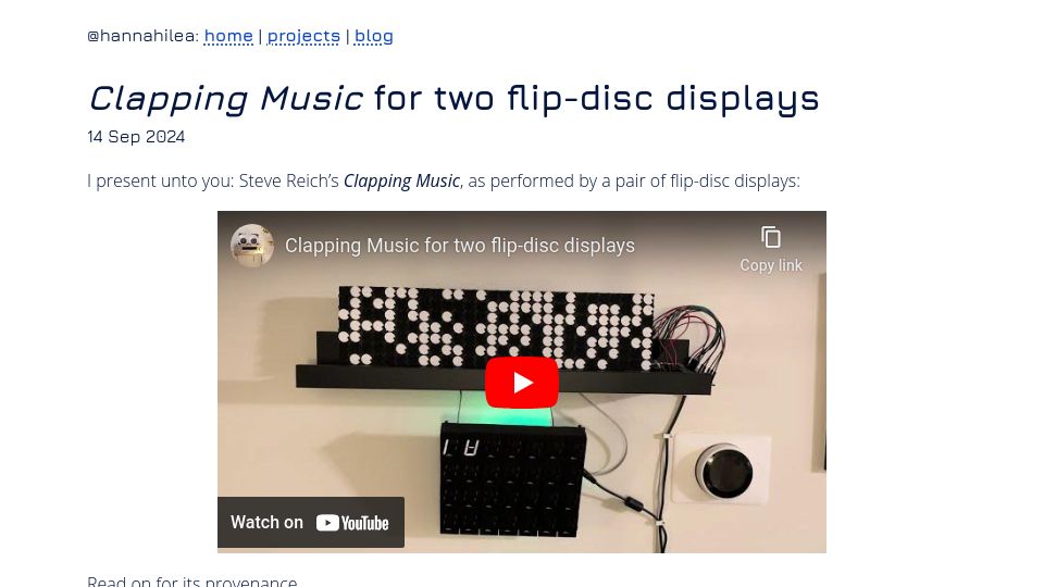 Screenshot of hannahilea.com: Clapping Music for two flip-disc displays