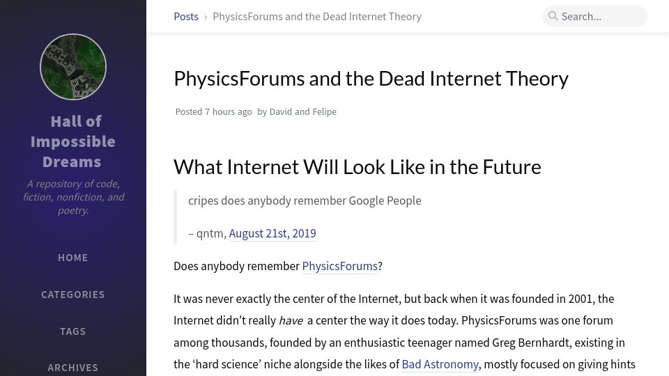 Screenshot of hallofdreams.org: PhysicsForums and the Dead Internet Theory