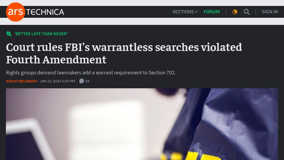 Screenshot of arstechnica.com: Court rules FBI's warrantless searches violated Fourth Amendment