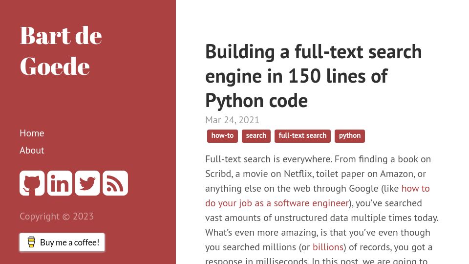 Screenshot of bart.degoe.de: Building a full-text search engine in 150 lines of Python code (2021)