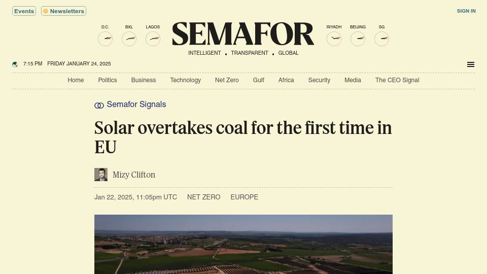 Screenshot of semafor.com: Solar Overtakes Coal in EU
