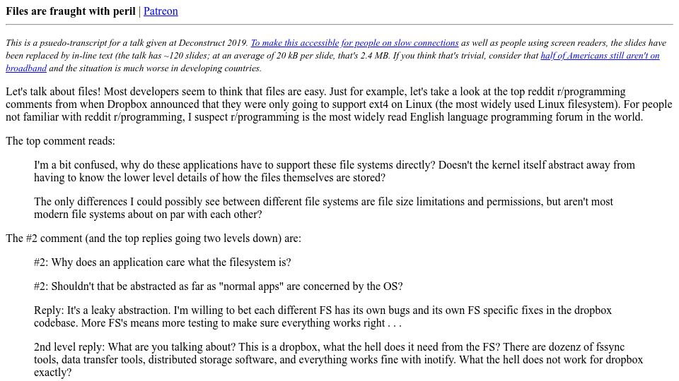 Screenshot of danluu.com: Working with Files Is Hard (2019)