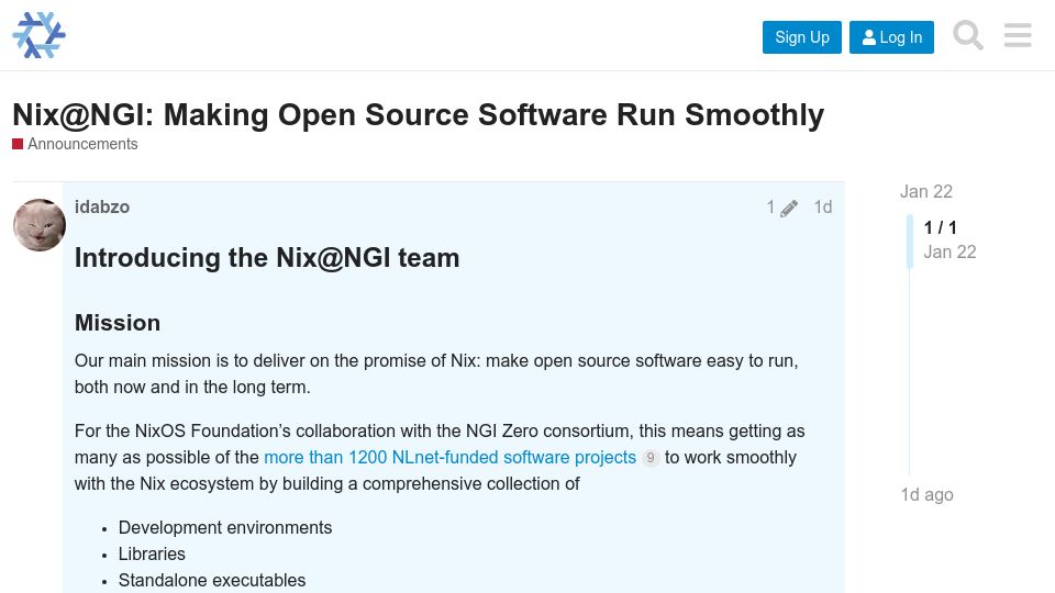 Screenshot of discourse.nixos.org: The Nix NGI Team: Advancing Open Source with Nix