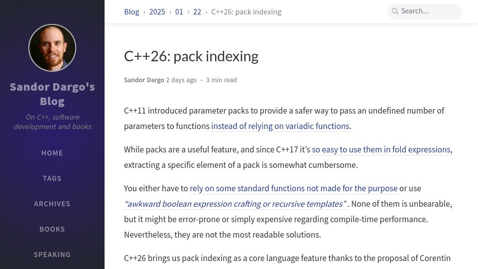 Screenshot of sandordargo.com: C++26: Pack Indexing