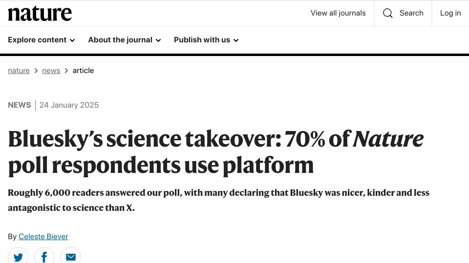 Screenshot of nature.com: Bluesky's science takeover: 70% of Nature poll respondents use platform
