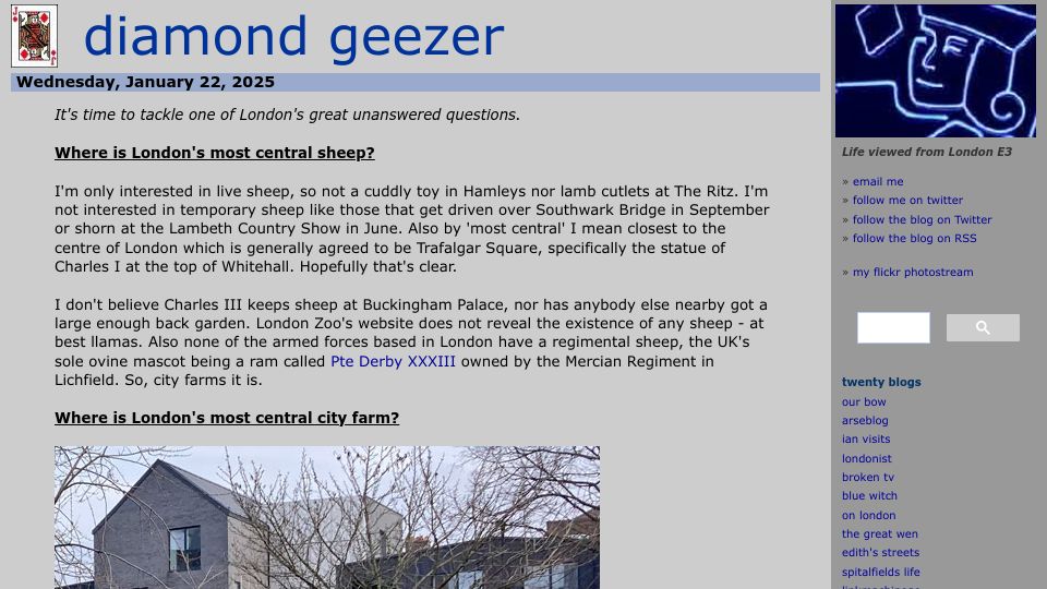 Screenshot of diamondgeezer.blogspot.com: Where is London's most central sheep?