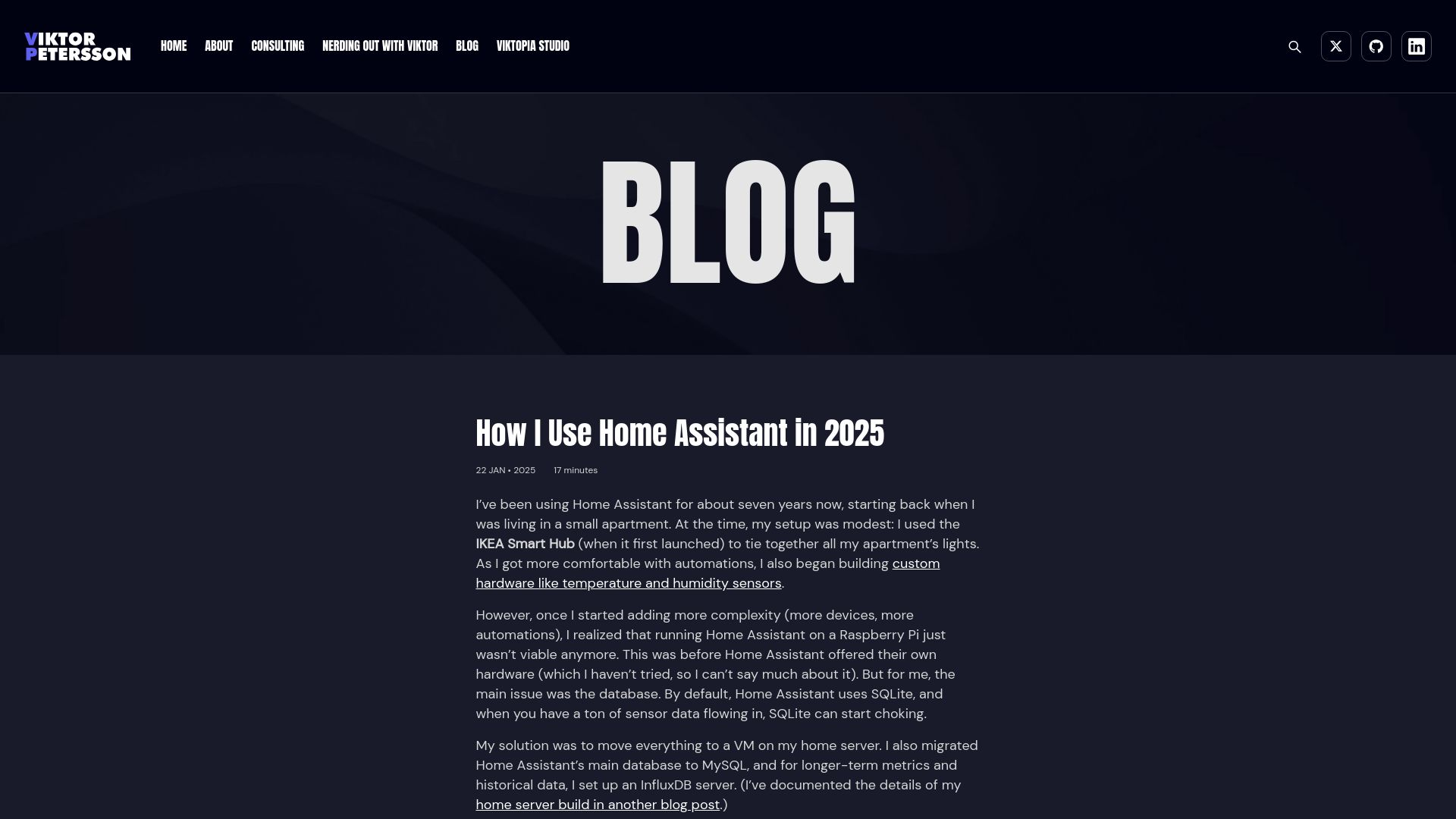 Screenshot of vpetersson.com: How I Use Home Assistant in 2025