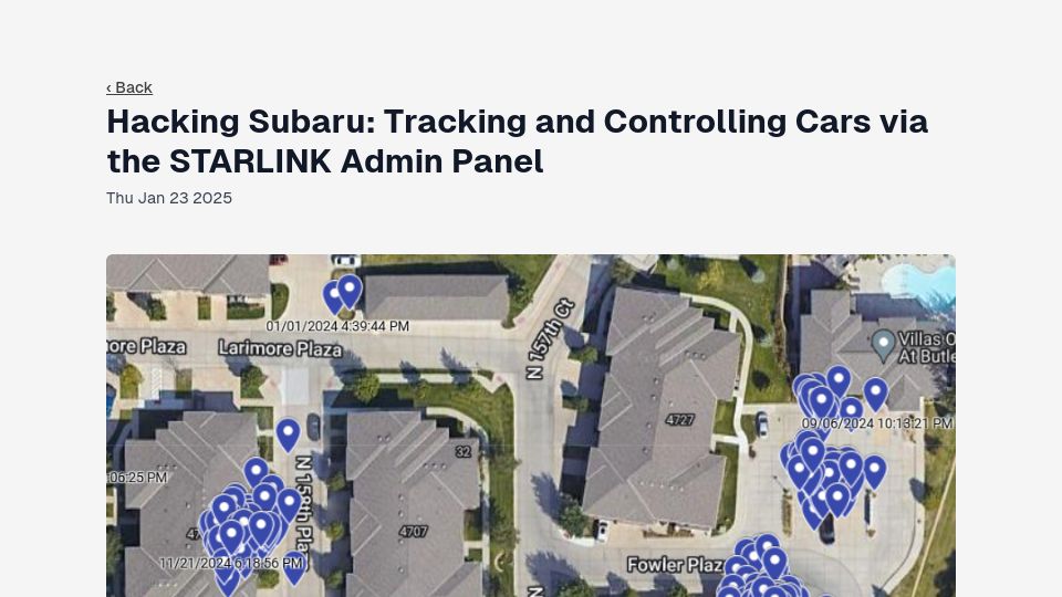 Screenshot of samcurry.net: Hacking Subaru: Tracking and controlling cars via the admin panel