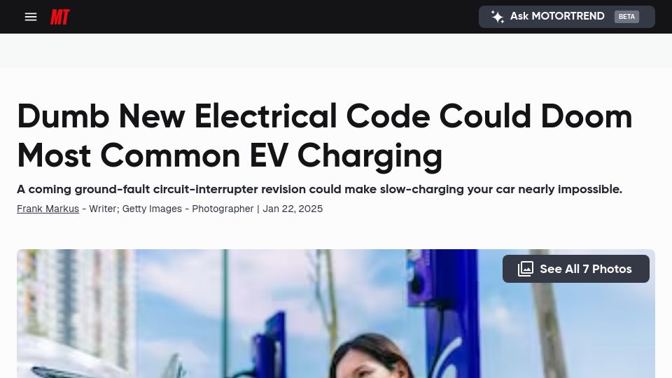 Screenshot of motortrend.com: New electrical code could doom most common EV charging