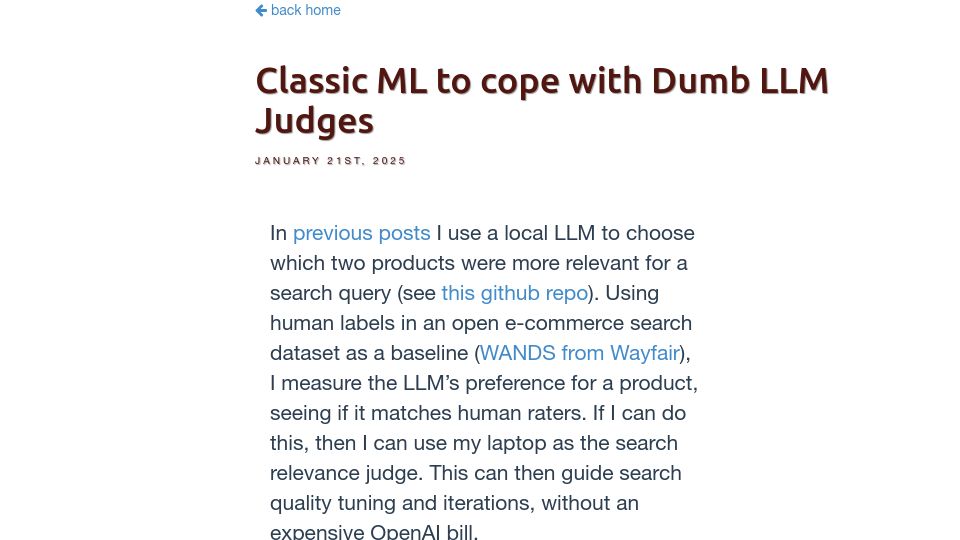 Screenshot of softwaredoug.com: Coping with dumb LLMs using classic ML