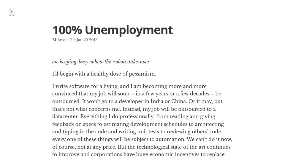 Screenshot of hyponymo.us: 100% Unemployment: on keeping busy when the robots take over (2013)