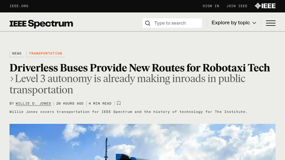 Screenshot of spectrum.ieee.org: Could Self-Driving Buses Bring Vehicle Autonomy Home?