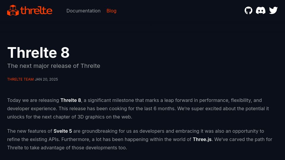 Screenshot of threlte.xyz: Threlte 8
