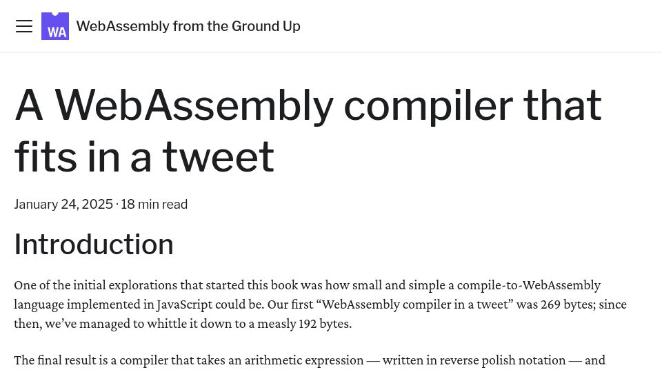 Screenshot of wasmgroundup.com: A WebAssembly compiler that fits in a tweet