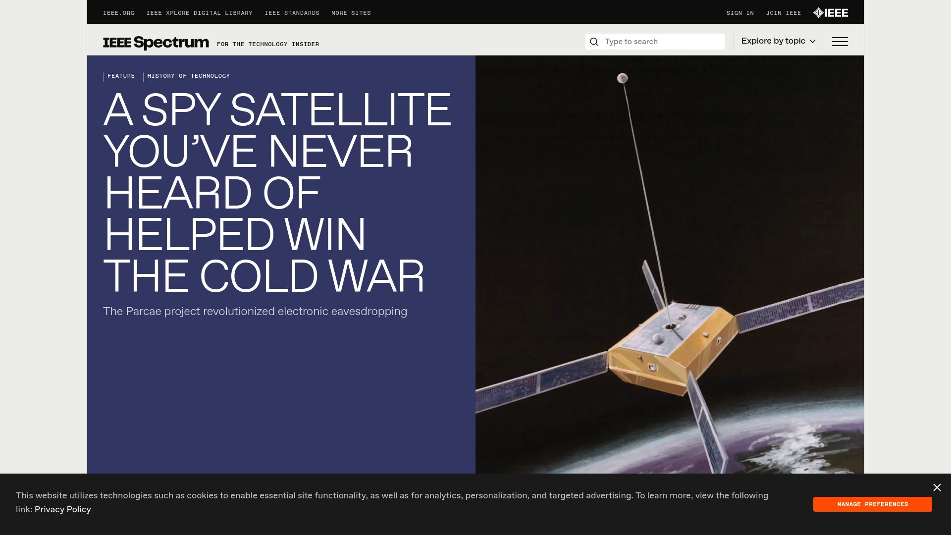 Screenshot of spectrum.ieee.org: A Cold War Satellite Program Called Parcae Revolutionized Signals Intelligence
