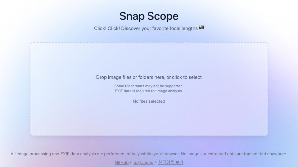 Screenshot of snap-scope.shj.rip: Show HN: Snap Scope – Visualize Lens Focal Length Distribution from EXIF Data