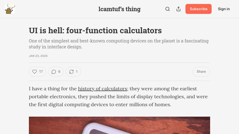 Screenshot of lcamtuf.substack.com: UI is hell: four-function calculators