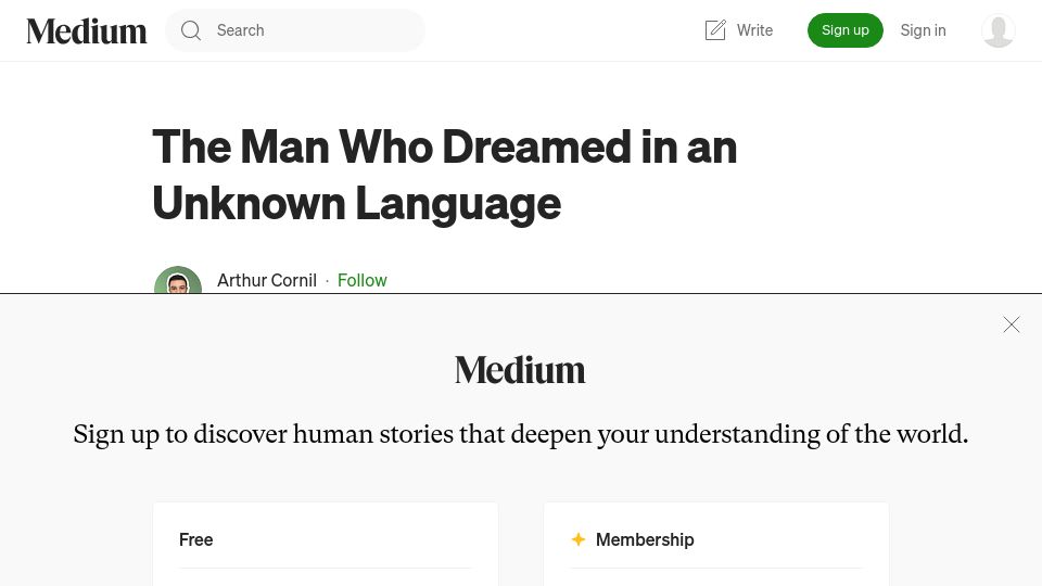 Screenshot of medium.com: A Man Who Dreamed in an Unknown Language