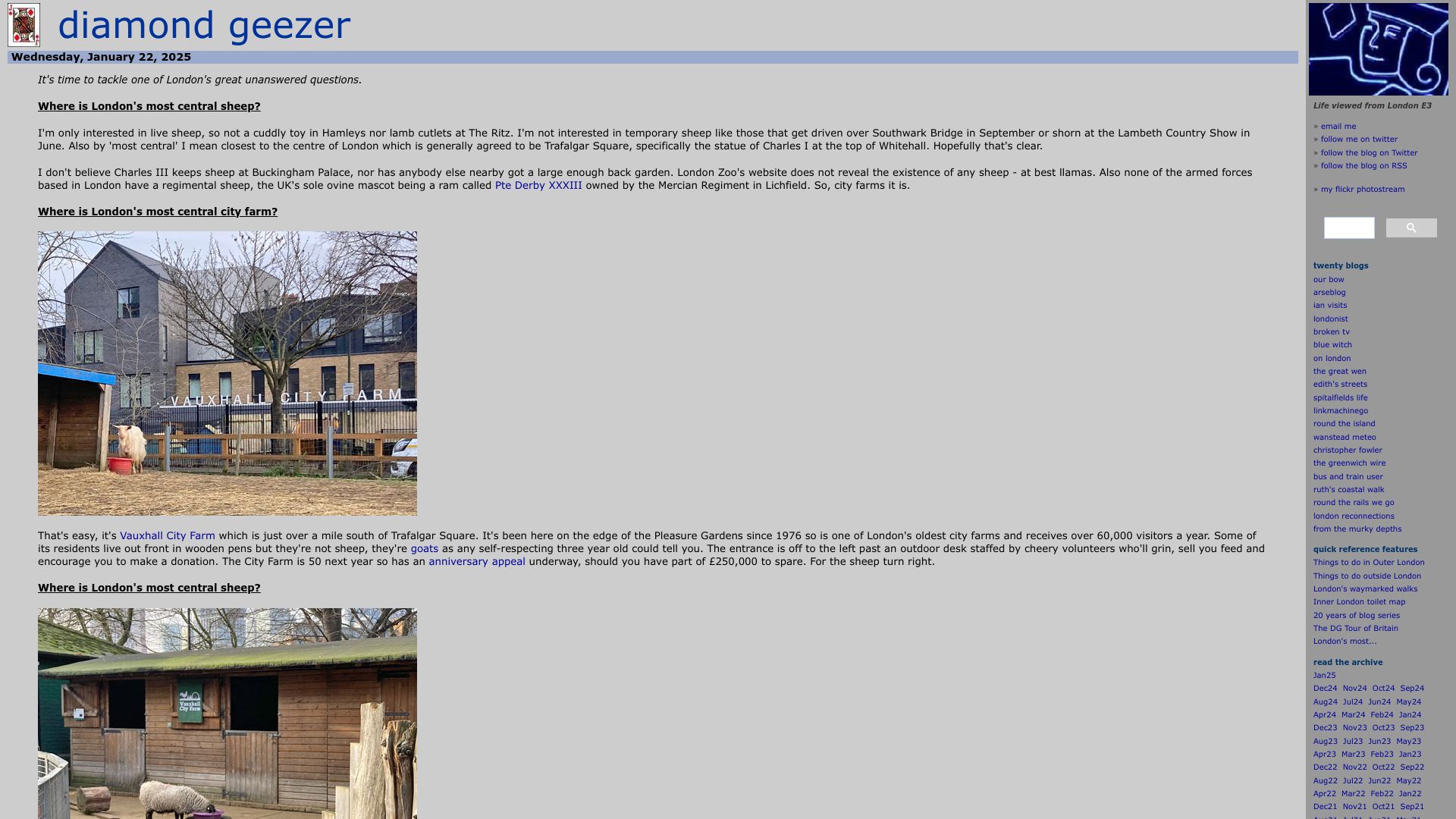 Screenshot of diamondgeezer.blogspot.com: Where is London's most central sheep?