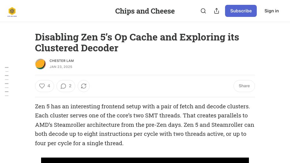 Screenshot of chipsandcheese.com: Disabling Zen 5's Op Cache and Exploring Its Clustered Decoder