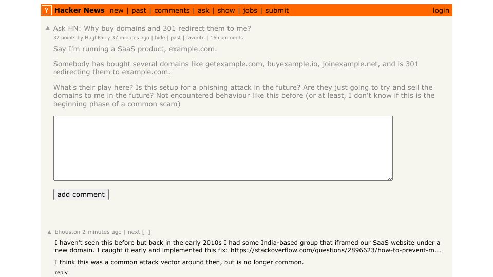 Screenshot of Hacker News post: Ask HN: Why buy domains and 301 redirect them to me?